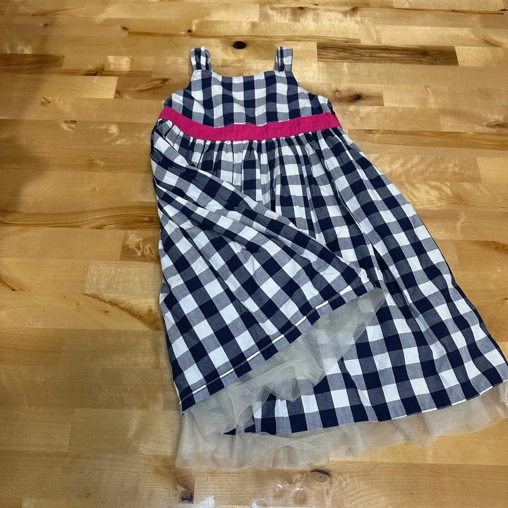 OshKosh B'gosh Gingham Dress Kids Size 5 Navy Blue Excellent Tulle Hem
